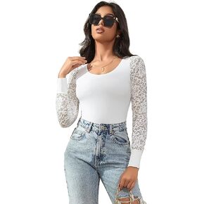 ohmydear Women Lace Long Sleeve Bodysuit Sexy Round Neck Snap Crotch Leotard Tops S-2XL