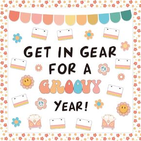 94Pcs Boho Groovy Hippie Bulletin Board Kit Positive Affirmation Accents Paper Cutouts with 200Pcs Glue Points Retro Motivational Cut Outs Decor for DIY Craft Art School Home Party