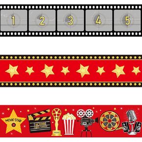 72 Pcs Movie Night Filmstrip Party Tape Borders Trim Gold Star Movie Reel Film Border for Classroom Bulletin Boards Decor Walls Window Door Schools Offices Movie Party Decorations