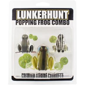 Lunkerhunt Popping Frog Fishing Lures Kit (3-Pack) | Best Topwater Fishing Bait Combo with 3 Most Realistic Live Frog Lure, Weedless Design