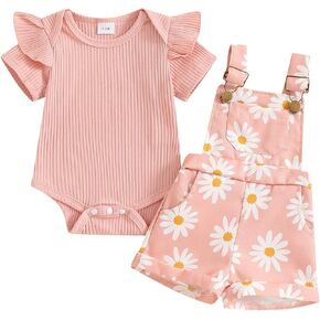Newborn Baby Girl Clothes Summer Outfit Short Sleeve Ribbed Romper Floral Suspender Overalls Shorts Set