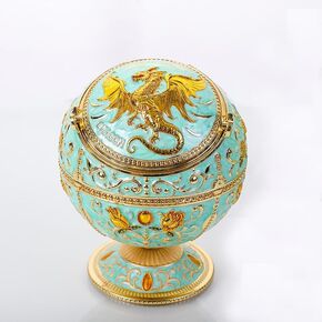 Windproof Large Ashtray with Flip Lid for Cigarettes, Portable Metal Dragon Print Home Decorative Ashtray for Patio Indoor Outdoor, Cone Incense Burner, Teal Golden