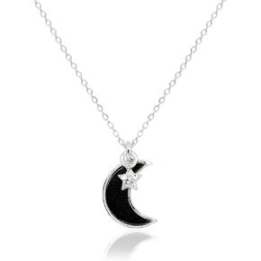 Dainty Black Moon Necklace for Women • Onyx Stone Quartz Crescent Moon and Star Pendant • Rhodium Silver Non Tarnish Jewelry Gifts for Teen Girls [MN-BK-S]