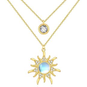 Moonstone Sun Layered Necklace 925 Sterling Silver Sun Pendant Gold Plated Sun Layered Jewelry Gifts for Women Girls Mother's Day