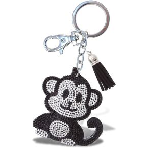 Monkey Keychain - Black Sparkling Rhinestones Charm with Tassel, Fashionable Stylish Polyester PU Wild Life Key Ring Bling Jewelry Accessory with Clasp