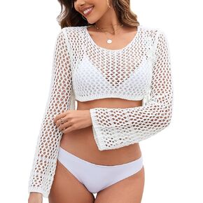 Trifabricy Beach Crochet Cover Ups for Women, Women's Sexy Long Sleeve Hollow Out Knit Tops Bikini Swimsuit Cover Up