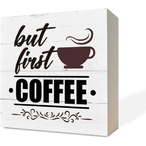 Coffee Wood Signs, But First Coffee, Wooden Box Sign Desk Decor, Coffee & Beverage Bar Decor, Decorative Wood Plaque, Farmhouse Coffee Signs for Coffee Bar, Coffee Station Decor, Kitchen Shelf Decor