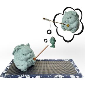 Exquisite Sandstone Warrior Cat Incense Holder (2.16"*2.36") with Free Fishing Rod and Fish, Plus Bamboo Mat Cushion (7.28"*3.34") (Sandstone Cat)