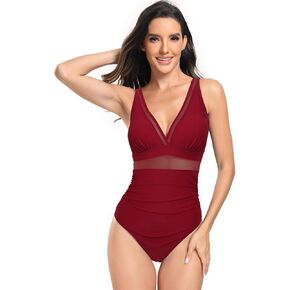 Women Sexy Mesh Tummy Control Swimsuit Push Up High Waisted Bathing Suit Slimming Deep V Neck One Piece Swimwear