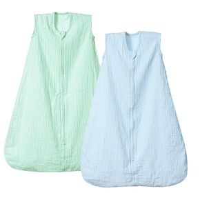 PHF 100% Muslin Cotton Baby Sleep Sacks, 0-6 Months Sleep Sack with 2-Way Zipper, 2 Pack Cooling Unisex 0.5 TOG Breathable Small Size Sleeveless Baby Wearable Blanket, Blue & Green