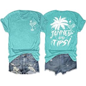 Tanned and Tipsy Shirt for Women Coconut Tree Summer Beach Party Shirts Girls Hawaiian Vacation Trip Tee Tops