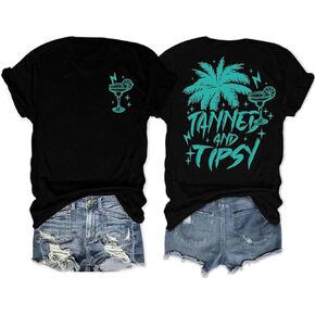 Tanned and Tipsy Shirt for Women Coconut Tree Summer Beach Party Shirts Girls Hawaiian Vacation Trip Tee Tops