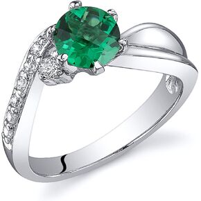 PEORA Simulated Emerald Ring in Sterling Silver, Vintage Solitaire, Round Shape, 0.75 Carat total, Comfort Fit, Sizes 5 to 9
