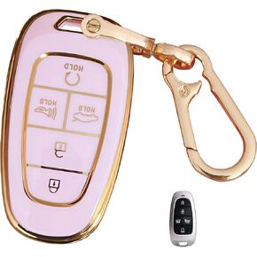 غطاء مفتاح Hyundai Key Fob باللون الوردي مع سلسلة مفاتيح تناسب Hyundai Sonata Santa fe Tucson Palisade Cruz Ioniq المفتاح الذكي (5 أزرار)