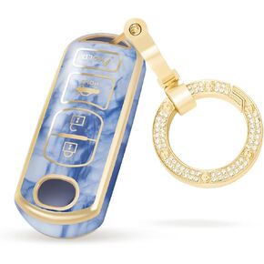 for Mazda Key Fob Cover with Double Diamond Keychain fit for Mazda 3 6 8 Miata MX-5 CX-3 CX-5 CX-7 CX-9 4 Buttons Smart Key Fob (Mazda a Blue)