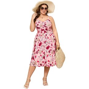 Womens Plus Size Summer Dress V Neck Floral Spaghetti Strap Sundress Button Down Pleated Swing Boho Midi Dress