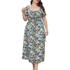 MakeMeChic Women's Plus Size Floral Print Puff Sleeve Square Neck Tie Front High Waist A Line Split Long Dress
