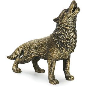 Small Bronze Wolf Statue, Little Metal Animal Figurine Home Decoration, 5.7 x 1.7 x 5 Inches