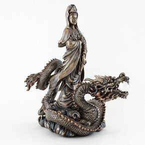 Top Collection 13" H 10.5" L Guan Yin Riding Dragon Statue. Bronze Powder Mixed with Resin - Bronze Antique Finish. East Asian Goddess of Compassion and Mercy.