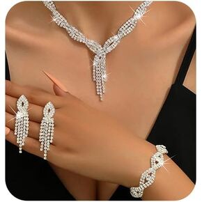 Jewelry Set for Women Bridal Necklace Earrings Bracelet Sets for Bride Silver Jewelry Set for Wedding Party Costume (Style 3)