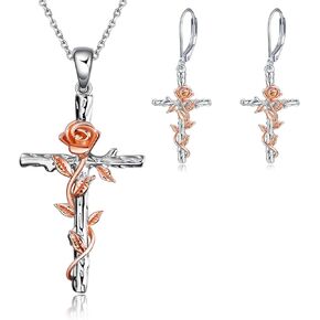 LUHE Women Cross Necklace and Earrings Jewelry Set Sterling Silver Rose Flower Religious Cross Pendant Necklace Jewelry Gifts for Women Girls