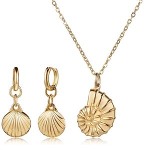 Cunno Mermaid Jewelry Set for Women Mermaid Gold Shell Necklace and Gold Seashell Earrings Dangle Drop for Valentine's Day Sea Witch Mermaid Pendant Necklace Boho Summer Accessories