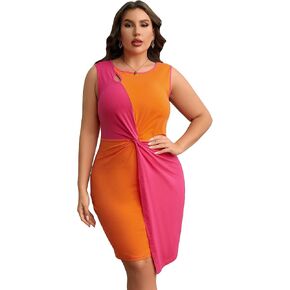 WDIRARA Women's Plus Size Tie Dye Colorblock Round Neck Sleeveless Cut Out Ruched Bodycon Pencil Mini Tank Dresses