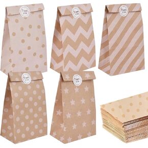 Elvielsl 40 Pack Paper Party Favor Bags, Brown Paper Bags Kraft Paper Bags Goodie Bags Small Gift Bag with 48pcs Stickers for Birthday, Wedding, Party Favors, Christmas Day, Baby Showers - 13x8x24CM