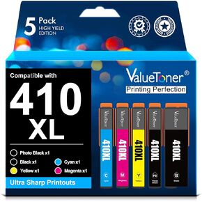 استبدال خرطوشة الحبر المعاد تصنيعها من Valuetoner لخراطيش حبر Epson 410 Epson 410XL للتعبير XP-7100 XP-530 XP-630 XP640 XP-830 XP635 (أسود، سماوي، أرجواني، أصفر، أسود للصور، 5 عبوات)