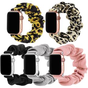 5Packs Elastic Band Solo Loop Scrunchie Bands Compatible with Apple Watch Series 9 8 7 (41mm) Series 6 5 4 SE (40mm) Series 3 2 1 (38mm), Women Bracelet Strap Compatible with iWatch 41/40/38,S