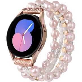 Beaded Boho Bracelet for Samsung Galaxy Watch 6 5 4 Active 2 40mm/44mm Galaxy Watch 5 Pro 45mm Bands Women, 20mm Handmade Elastic Watch Bands For Samsung Galaxy Watch 4/6 Classic-Pink