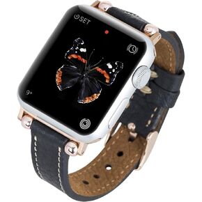 سوار ساعة Venito Foggia من الجلد متوافق مع سلسلة ساعات Apple 1، 2، 3، 4، 5، 6، 7، SE، مع أجزاء من الفولاذ المقاوم للصدأ