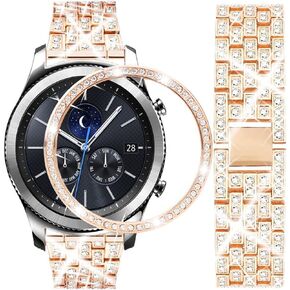 Band Compatible with Galaxy Watch 46mm, 22mm Full Diamond Stainless Steel Metal Strap with Bezel Ring Cover Strap Replacement for Samsung Gear S3 Frontier/Classic Women Men