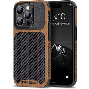 TENDLIN Compatible with iPhone 14 Pro Case Wood Grain with Carbon Fiber Texture Design Leather Hybrid Slim Case Black
