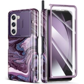 حافظة GVIEWIN رخام لهاتف Samsung Galaxy Z Fold 5، مع فتحة قلم S مدمجة، وغطاء عدسة الكاميرا المنزلقة، وواقي الشاشة، وحماية المفصلات، وغطاء هاتف Fold5 لحماية كامل الجسم 2023 (الرمال المتحركة/الأرجواني) in Kuwait