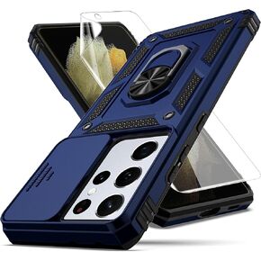for Samsung Galaxy S21 Ultra Case,with Camera Lens Cover HD Screen Protector,[Military Grade] Ring Car Mount Kickstand Hybrid Hard PC Soft TPU Shockproof Protective Case for S21 Ultra, Black