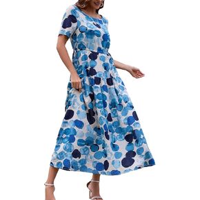 Kormei Women Casual Short Sleeve Loose Drawstring Bohemian Floral Dress Summer Beach Swing Long Maxi Dresses