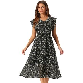 Allegra K Women's Midi V Neck Flutter Sleeve Ruffled Chiffon Floral Dress