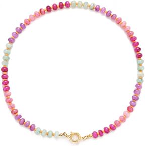 Natural Stone Beaded Necklace for Women Boho Colorful Beads Choker Necklace Rainbow Charm Necklace Surfer Beach Necklace Jewelry Gift
