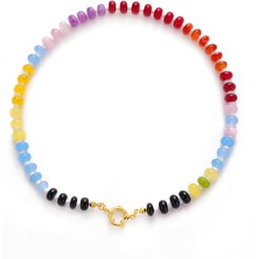 Natural Stone Beaded Necklace for Women Boho Colorful Beads Choker Necklace Rainbow Charm Necklace Surfer Beach Necklace Jewelry Gift