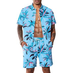 LecGee Mens Coconut Tree Hawaiian Sets Casual Short Sleeve Button Down Shirts Shorts 2 Piece Outfits Summer Tracksuit