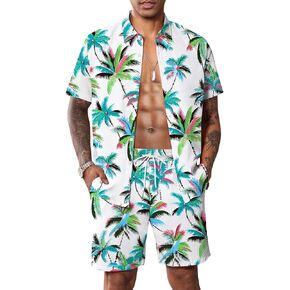 LecGee Mens Coconut Tree Hawaiian Sets Casual Short Sleeve Button Down Shirts Shorts 2 Piece Outfits Summer Tracksuit in Saudi Arabia