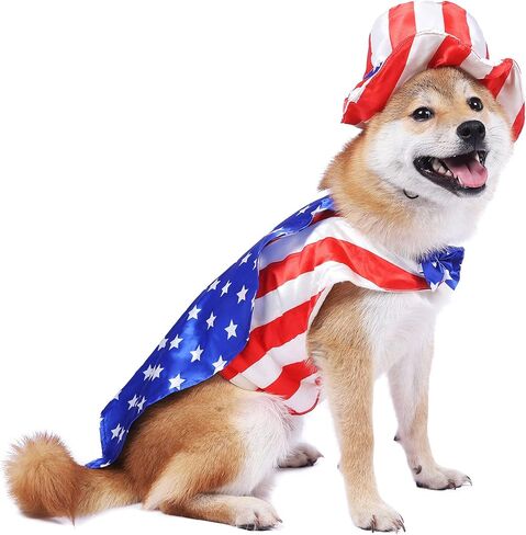 أزياء الكلاب الأليفة، ملابس بعلم الولايات المتحدة الأمريكية مع قبعة للكلاب، ملابس العم سام للحيوانات الأليفة بمناسبة عيد الاستقلال، يوم الذكرى الرابع من يوليو، مقاس L in Kuwait