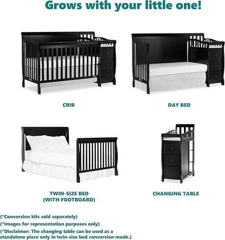 Casco 3-In-1 Mini Crib And Changing Table In Black, Convertible Crib, Made Of Pinewood, Three Position Adjustable Mattress Height Settings in Saudi Arabia