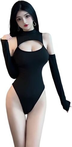 Women's sexy long sleeved lace jumpsuit with hollowed out hanging neck anime cosplay underwear in black in Saudi Arabia