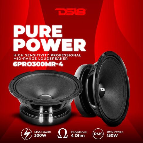 DS18 6PRO300MR-4 مكبر صوت احترافي متوسط ​​المدى مقاس 6.5 بوصة، حساسية عالية 102 ديسيبل، 150 وات RMS 300 وات أقصى طاقة، 4 أوم، مكبر صوت سيارة متوسط ​​المدى 6.5 بوصة - فردي in Saudi Arabia