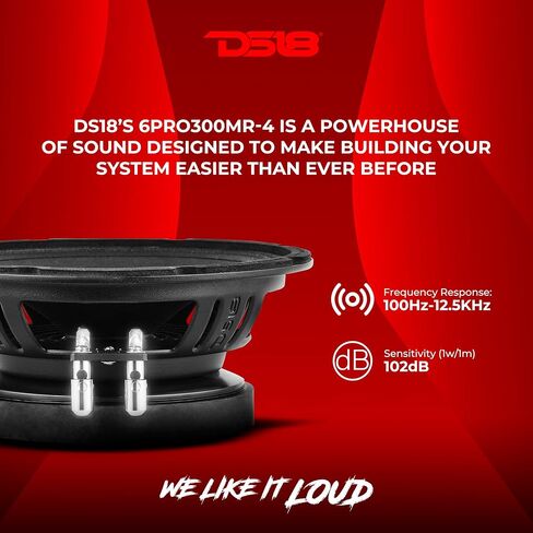 DS18 6PRO300MR-4 مكبر صوت احترافي متوسط ​​المدى مقاس 6.5 بوصة، حساسية عالية 102 ديسيبل، 150 وات RMS 300 وات أقصى طاقة، 4 أوم، مكبر صوت سيارة متوسط ​​المدى 6.5 بوصة - فردي in Saudi Arabia