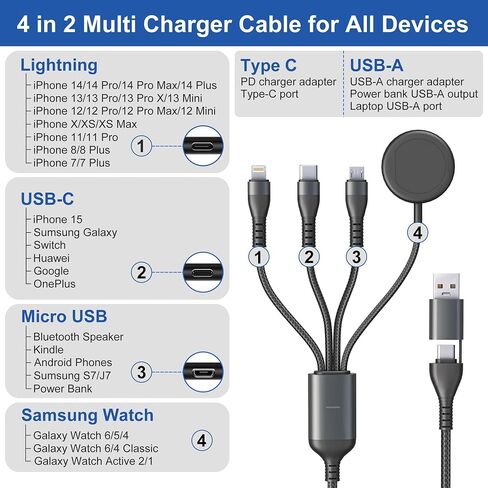 Charging Cord for Samsung Galaxy Watch 6/5/4/3 Charger - 100W USB C Galaxy S23/S22/Z/A Series Phone Multi Charging Cable, 3M/10Ft USB A/USB C to Micro USB+Lightning+Type C+Samsung Watch Charger Cable in Saudi Arabia