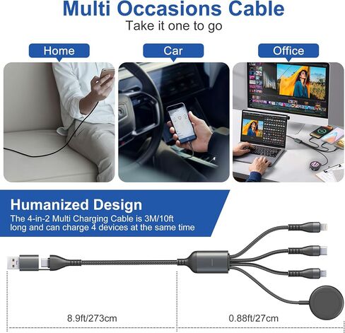 Charging Cord for Samsung Galaxy Watch 6/5/4/3 Charger - 100W USB C Galaxy S23/S22/Z/A Series Phone Multi Charging Cable, 3M/10Ft USB A/USB C to Micro USB+Lightning+Type C+Samsung Watch Charger Cable in Saudi Arabia