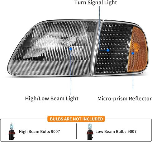 DWVO Headlight Assembly Compatible with 1997-2003 Ford F-150 Pickup/1997-2002 Ford Expedition Headlamp with Corner Light Black Housing Amber Reflector in Saudi Arabia